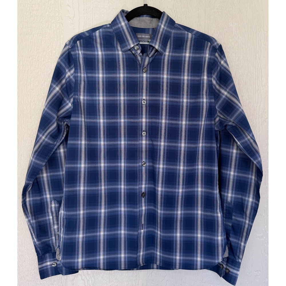 Van Heusen Mens Never Tuck Slim Fit Plaid Button Down Shirt Blue White Small EUC
